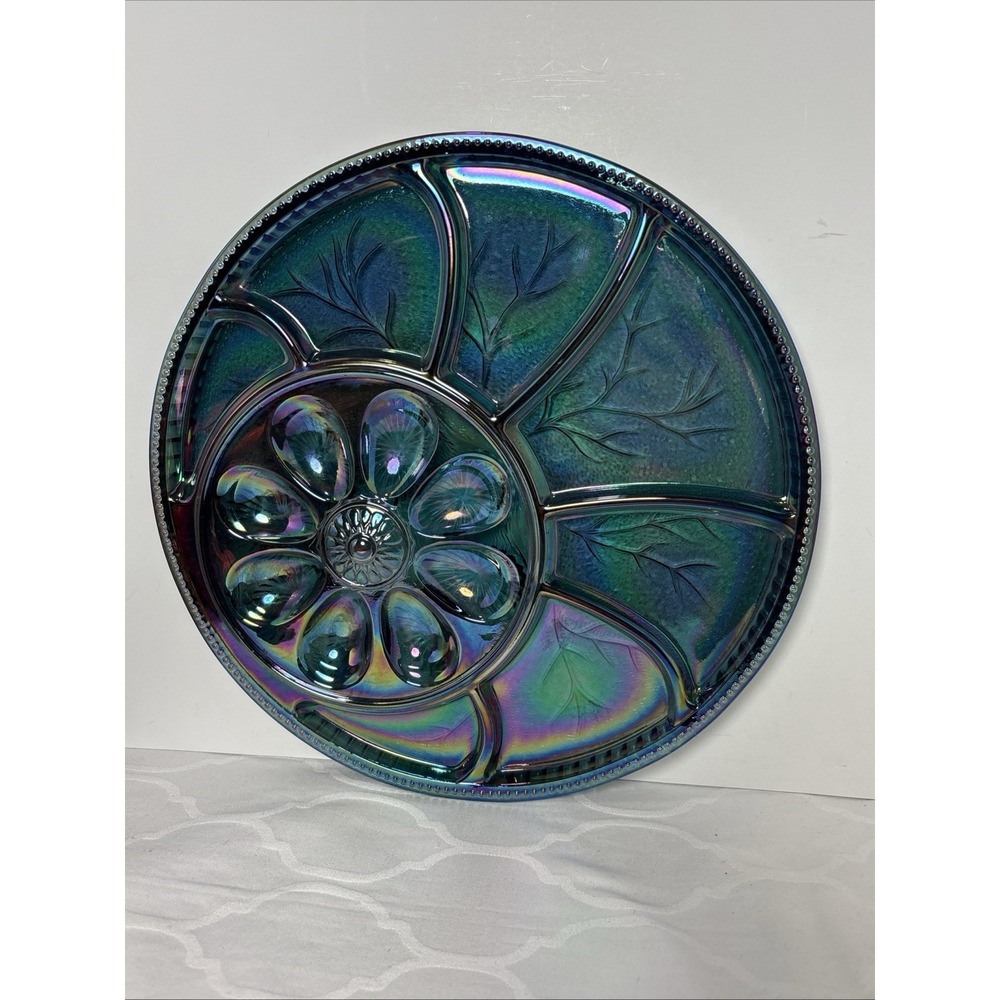Indiana Carnival Glass Plate Blue Iridescent Deviled Egg Relish Tray 13 Inch
